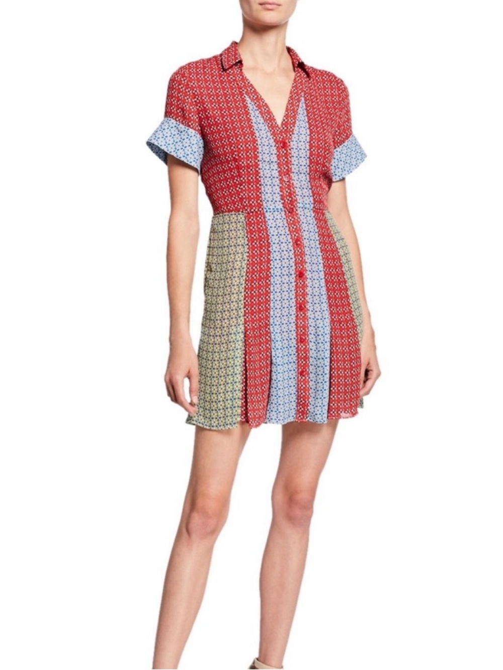 Alice + Olivia Mixed-Panel Mini Dress in Red, Light Blue and Olive - Picture 3 of 11